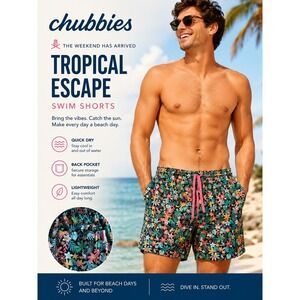 Chubbies Mens Tropical Toucan Print Swim Shorts Pink Drawstring‎ 5.5 Inch Inseam